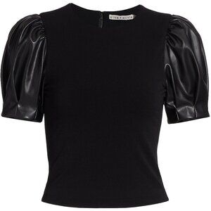 Alice and Olivia Aubrey Vegan Leather Puff Sleeve Top Size 8 EUC